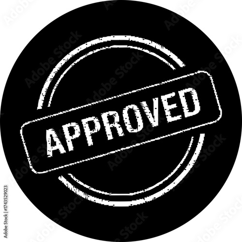 A black circle with a white/transparent stamp that says approved in a rectangle with rounded corners inside it