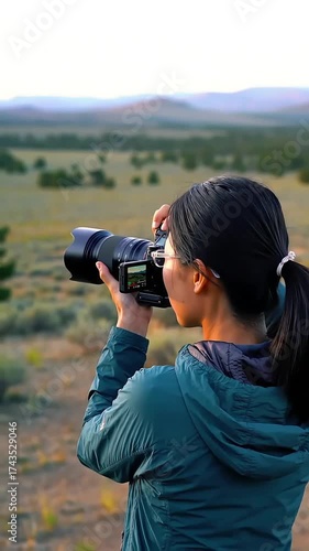 Dedicated Woman Photographer Skillfully Capturing Breathtaking Scenic Vistas with High-End Camera Gear in Serene Outdoor Wilderness
