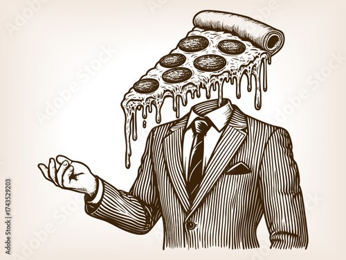  man in a suit with a melting pepperoni pizza slice as his head, surreal food art concept sketch engraving generative ai fictional character vector illustration. Scratch board. Black and white image.