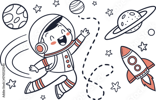 A cheerful whimsical doodle illustration of an astronaut floating in space with stars and planets