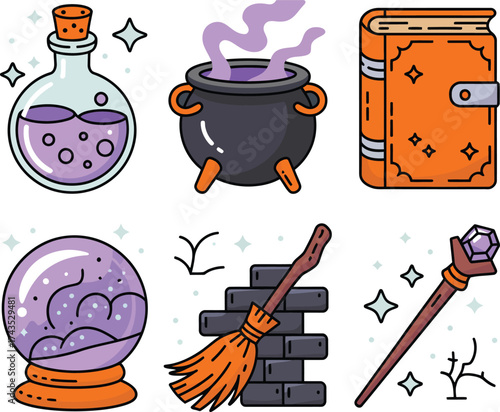 Witchcraft and Wizardry Icons Featuring Potion Bottle Cauldron Crystal Ball Broomstick and Spell Book