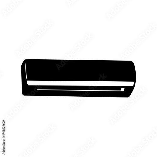 A sleek, minimalist black air conditioner silhouette on a white background