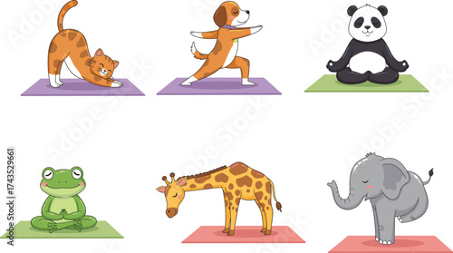Cartoon vector illustration of cute animals doing yoga poses on colorful mats including cat, dog, panda, frog, giraffe, elephant.