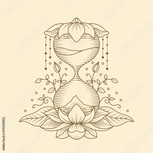 Lotus flower and hourglass design featuring sacred geometry and cosmic decorative elements