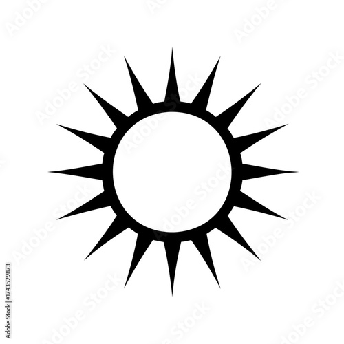 Black and white circular sun with many sharp pointed rays emanating outward