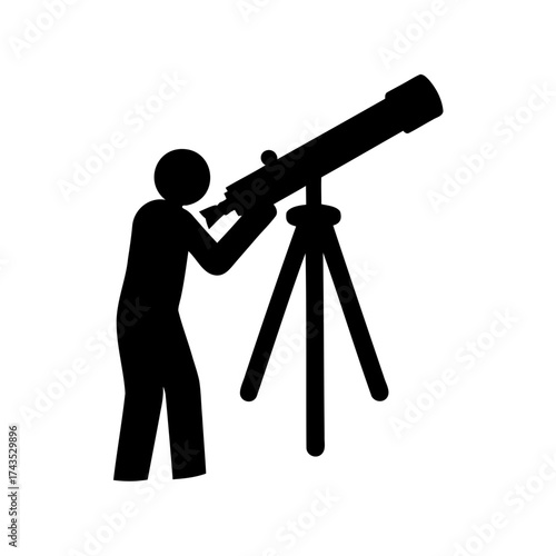 Silhouette of a person using a telescope to gaze at stars and planets