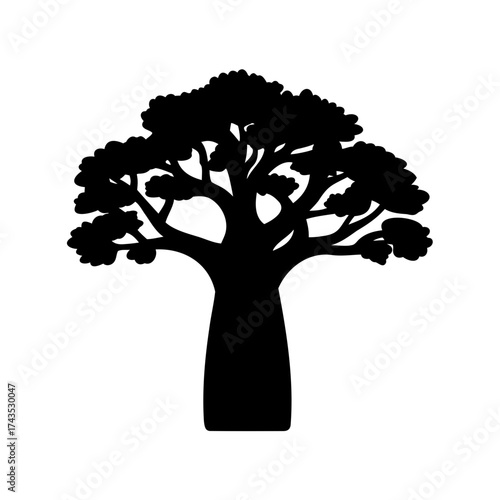 Silhouette of a large tree with thick trunk and broad canopy