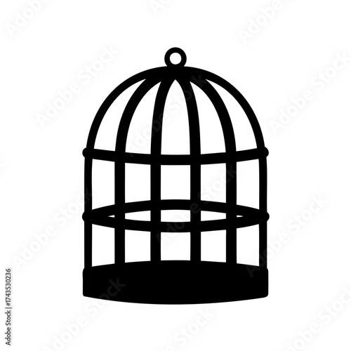 Black silhouette of a birdcage in front of a plain white background