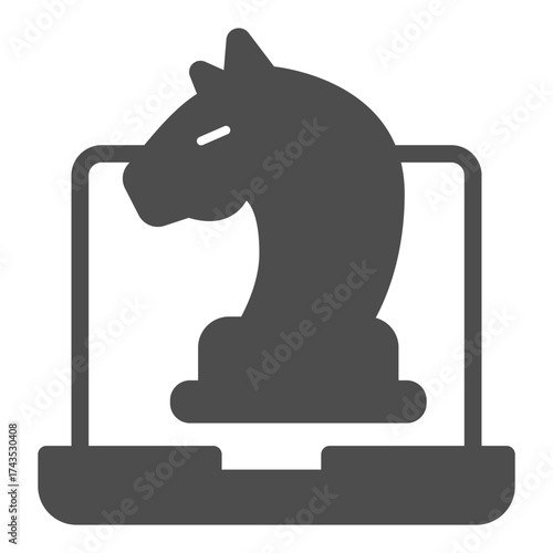 Laptop with knight chess solid icon, chess game concept. Vector graphics. Online gaming sign on white background, glyph style icon for mobile or web design.