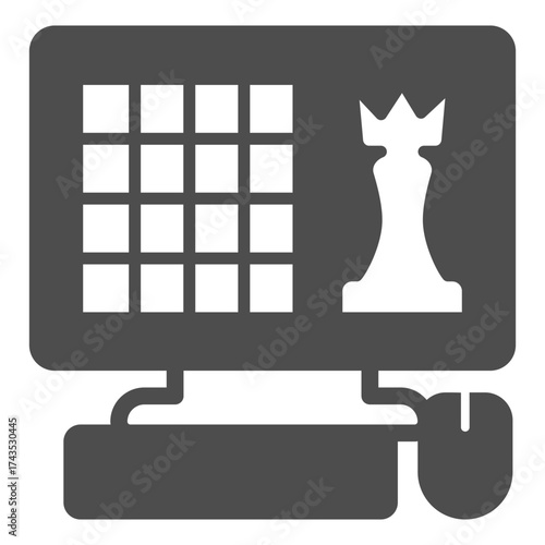 All in one computer with game app solid icon, online chess concept. Vector graphics. Gaming sign on white background, glyph style icon for mobile or web design.