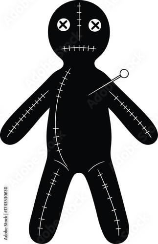 Black silhouette of a voodoo doll with a pin in its chest on a white background needle