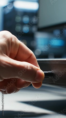 Connecting USB Flash Drive Close-up of hand plugging digital storage into a device port highlighting data transfer technology and electronic connectivity
