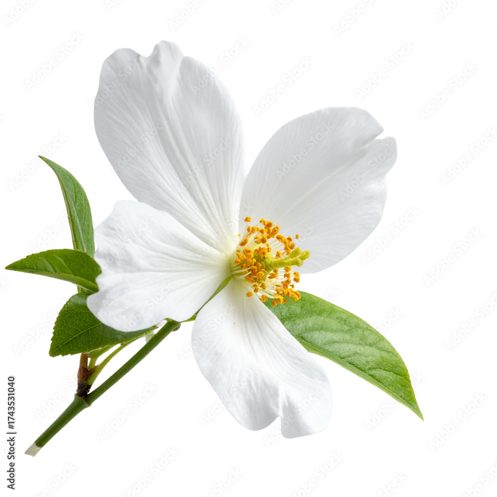Fototapeta premium Closeup of a single white dahlia flower in bloom, its perfect petals isolated on white with a hint of yellow at its center, epitomizing spring beauty