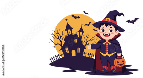 Cute Halloween Costumed Child with Pumpkin Carving and Dark Haunted House Scene
