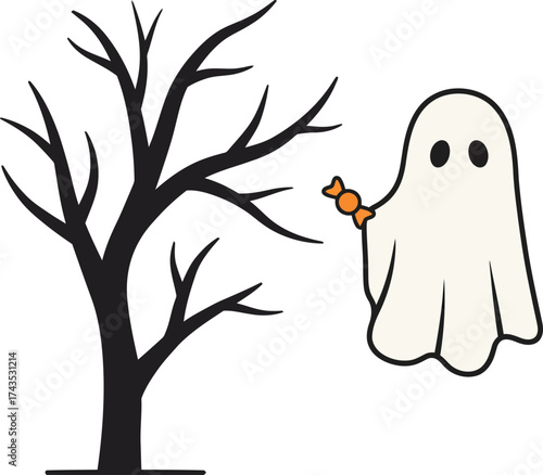 Cute cartoon ghost holding a small pumpkin beside a dark tree on a black background