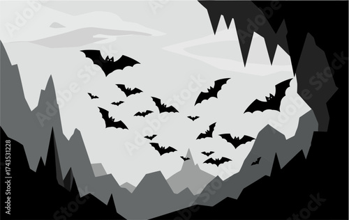 dark cavern filled with flying bats silhouetted against a gray sky in a minimalist art style