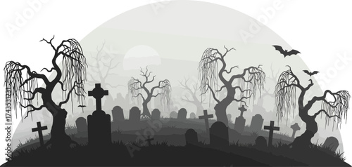 eerie haunted graveyard scene with leafless twisted trees under moonlit sky and silhouetted bats