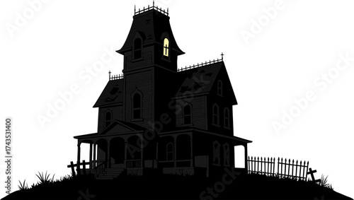 Hauntingly Illuminated Victorian Style House with a Single Light in the Dark