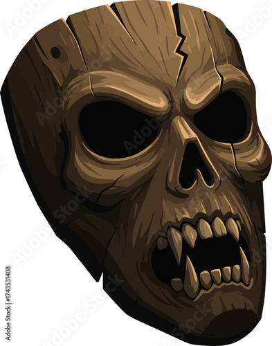 Menacing wooden skull with cracked surface and hollow eye sockets in dark background
