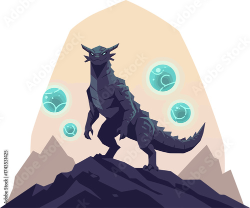 Mystical dragon emerging from a mountain cave illuminated by floating orbs in a fantasy landscape