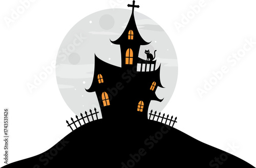 Mystical haunted mansion atop a hill under a glowing full moon with a curious cat silhouette