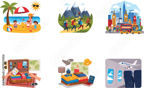 Cartoon vector illustration of family travel vacation scenes including beach, hiking, packing, sightseeing city tour, hotel stay, and airplane flight.