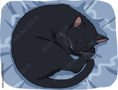 Relaxing black cat curled up peacefully on a soft blue blanket with closed eyes