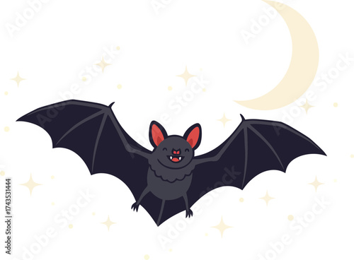 Playful cartoon bat flying through a starry night sky with a crescent moon