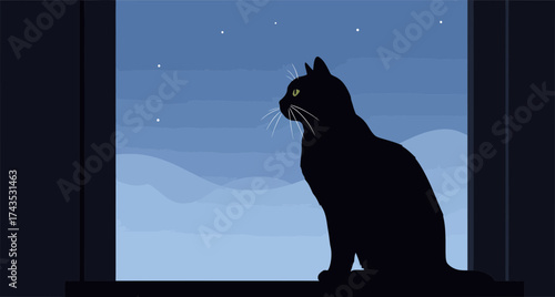 Serene nighttime scene featuring a contemplative black cat gazing at a starry sky from a window