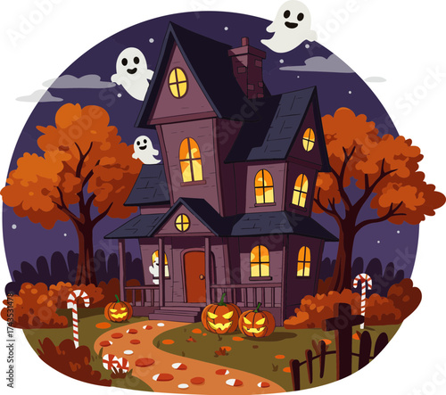 Spooky halloween haunted house scene with glowing pumpkins and ghostly figures during night