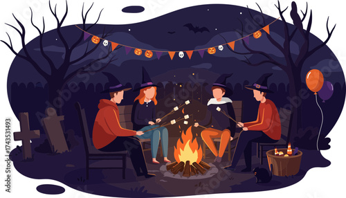 Spooky Halloween Night Gathering with Friends Around the Campfire in the Forest