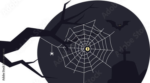 Spooky Halloween Night Scene Featuring a Creepy Spider Web Moon and Dark Graveyard with Flying