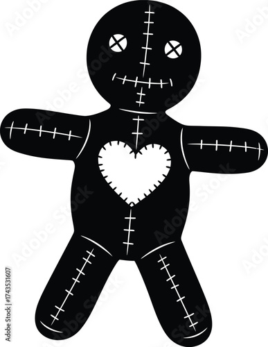 Black Silhouette of a Voodoo Doll with Stitched Seams and Heart Detail vector illustration