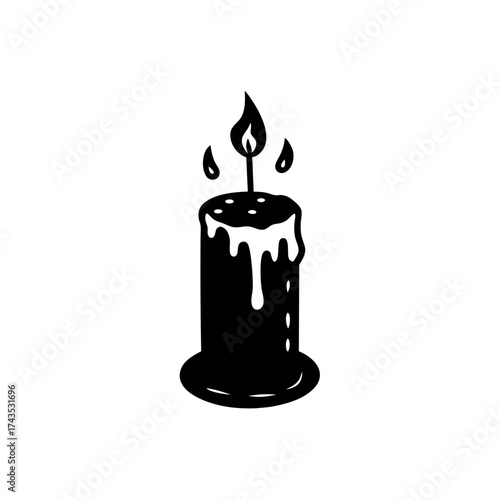 Simple black candle with dripping wax art on transparent background silhouette