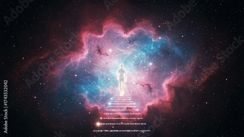 Glowing figure on stairway to cosmic nebula, spiritual ascension