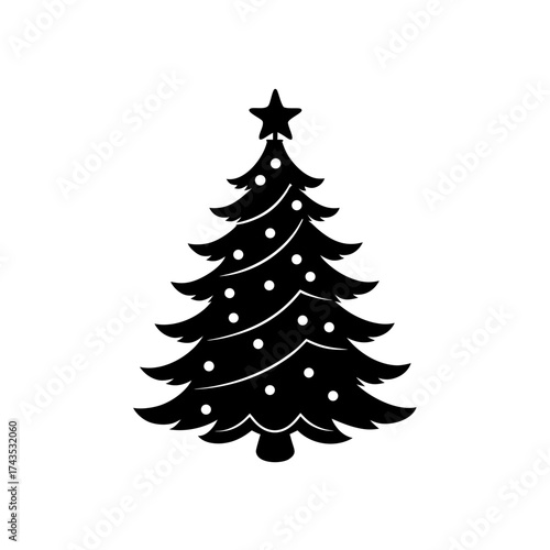 A christmas tree with star and ornaments on transparent background silhouette