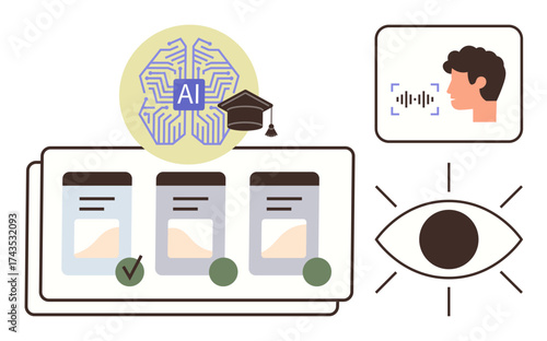 Neural network labeled AI with graduation cap, checklist, face recognition, and eye icon. Ideal for education, innovation, automation, decision-making, technology face recognition data processing