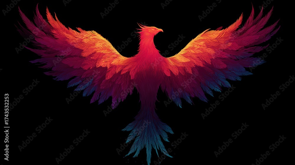 Fototapeta premium Colorful Phoenix Illustration With Vibrant Flames and Wings Spread