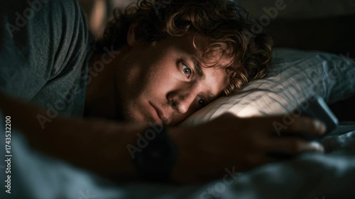Young sad man lying in bed, gazing mobile cell phone screen. Modern life, technology. Sleeplessness, insomnia, digital life. Tech smart cellphone. Night lighting. Person bedtime. Get stuck in gadgets.