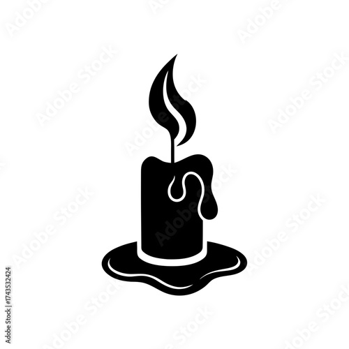 Illustration of a burning candle in black on transparent background silhouette