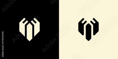 Letter M gym logo design template. Silhouette hand shape with sharp and rounded style