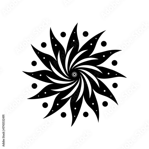 Black and white floral spiral design art on transparent background silhouette