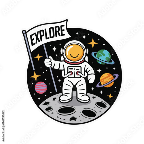 Cute little astronaut floating in space cartoon illustration for t-shirt, sticker and more designs