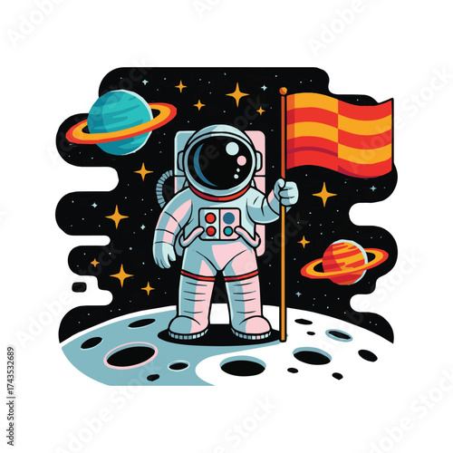 Cute little astronaut floating in space cartoon illustration for t-shirt, sticker and more designs