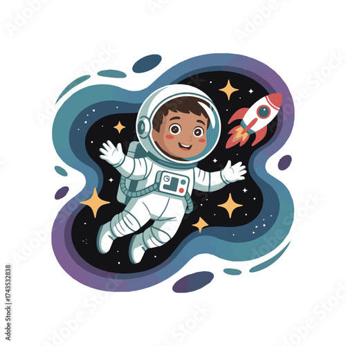 Cute little astronaut floating in space cartoon illustration for t-shirt, sticker and more designs