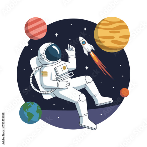 Cute little astronaut floating in space cartoon illustration for t-shirt, sticker and more designs