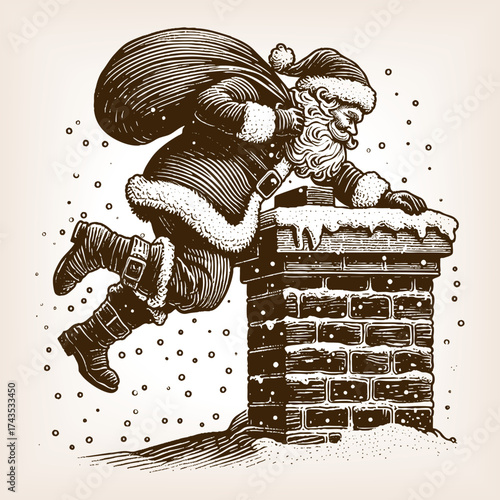 Santa Claus in traditional outfit carrying a sack of presents as he climbs down a snowy chimney on Christmas Eve sketch engraving generative ai vector illustration. Scratch board. Black and white.