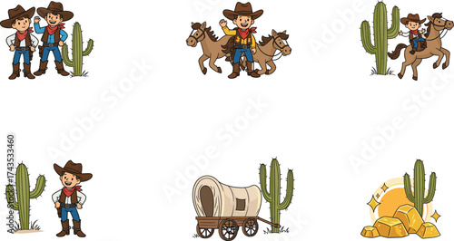 Cartoon western cowboy illustration with horses, cactus, wagons, gold treasure, desert scenery, sunset, and fun wild west characters.