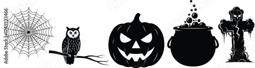 Halloween Icons Including Spider Web Owl Pumpkin Cauldron And Skull Cross Keywords: halloween, icons, spider web, owl, pumpkin