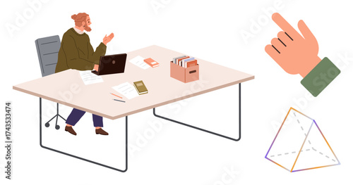 Person working on laptop at minimalist desk surrounded by books, papers, and files. Hand gestures and geometric shapes represent communication, creativity, learning, and teamwork. Ideal for modern